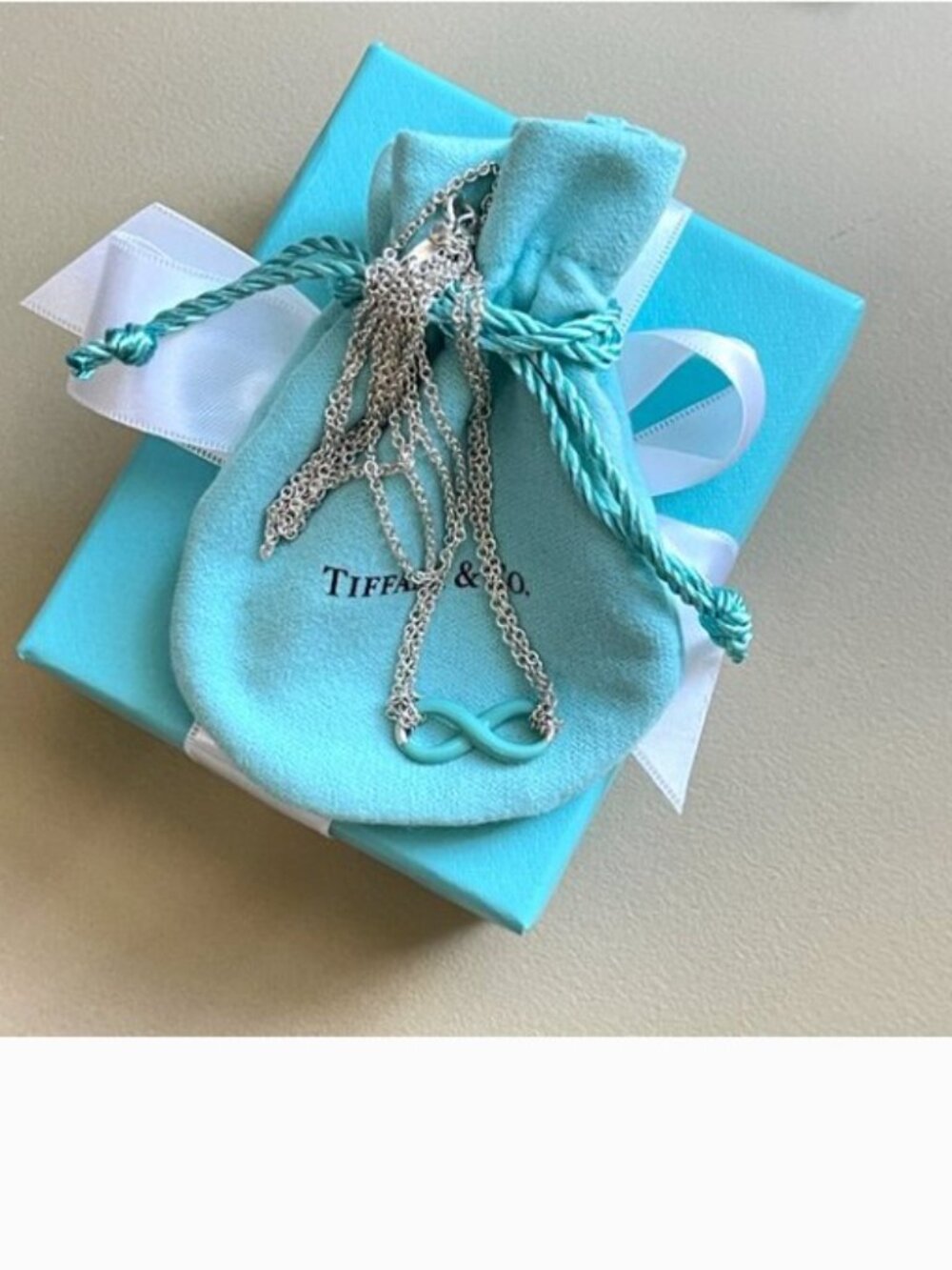 Tiffany & Co. Blue Enamel Infinity Pendant Necklace Silver Double Chain